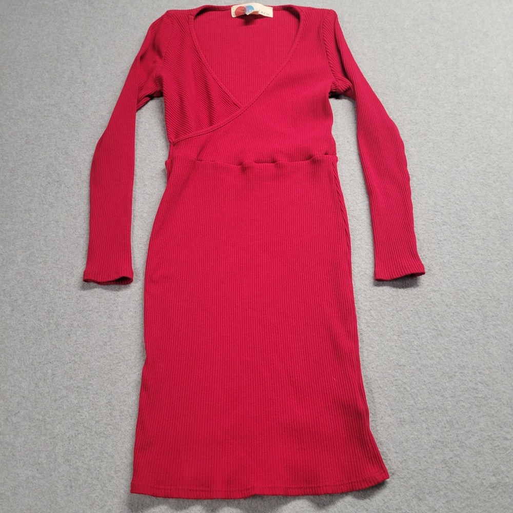 Free People Beach Red Ribbed Knit Wrap V-Neck Long Sleeve Midi Dress XS